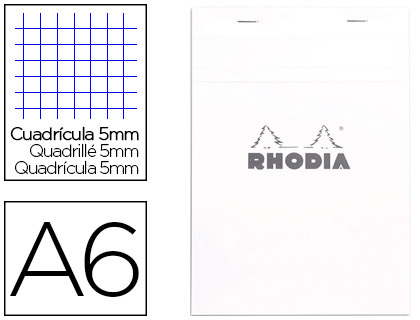 BLOC AGRAF RHODIA WHITE N.13 A6 10.5X14.8 CM COUVERTURE CARTE ENDUITE 80F 80G 5X5MM MICROPERFOR BLANC