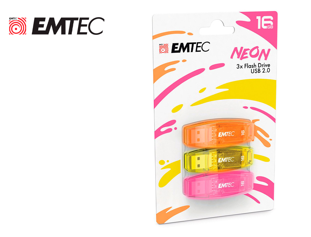 CLE USB EMTEC 2.0 C410 TRIO 16GB PACK 3 COLORIS NEON      ORANGE JAUNE ROSE