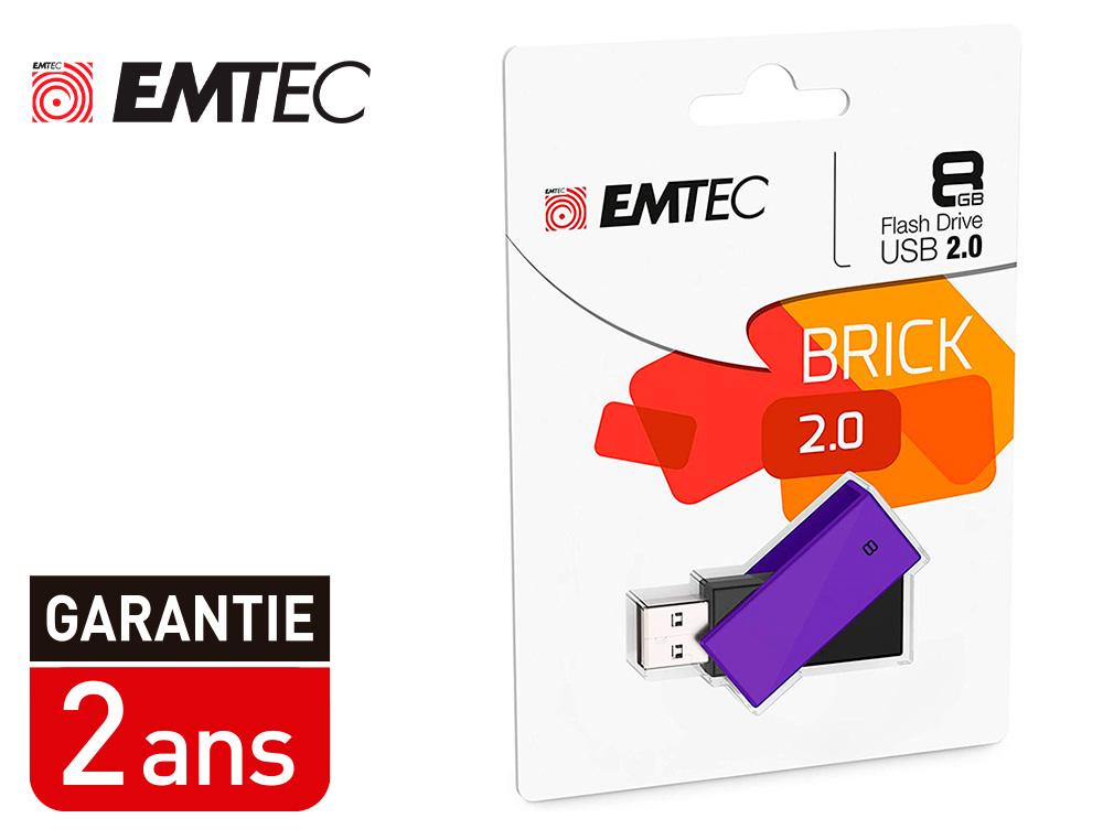 CLE USB EMTEC 2.0 C350 BRICK PIVOTANTE 8GB VITESSE LECTURE 15MBS ECRITURE MB/S COLORIS   VIOLET