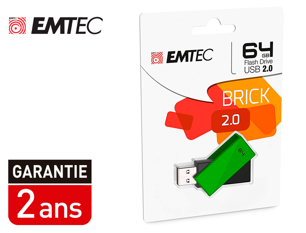 CLE USB EMTEC 2.0 C350 BRICK PIVOTANTE 64GB VITESSE        LECTURE 15MBS ECRITURE MB/S   COLORIS VERT