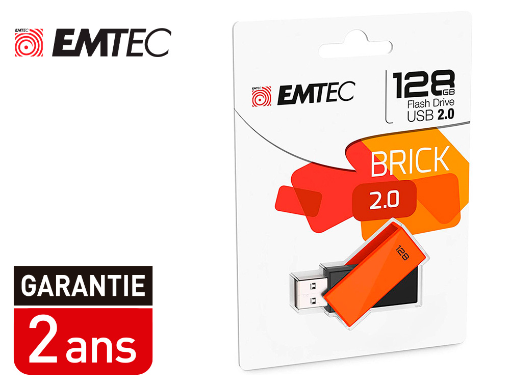 CLE USB EMTEC 2.0 C350 BRICK PIVOTANTE 128GB VITESSE       LECTURE 15MBS ECRITURE MB/S   COLORIS ORANGE