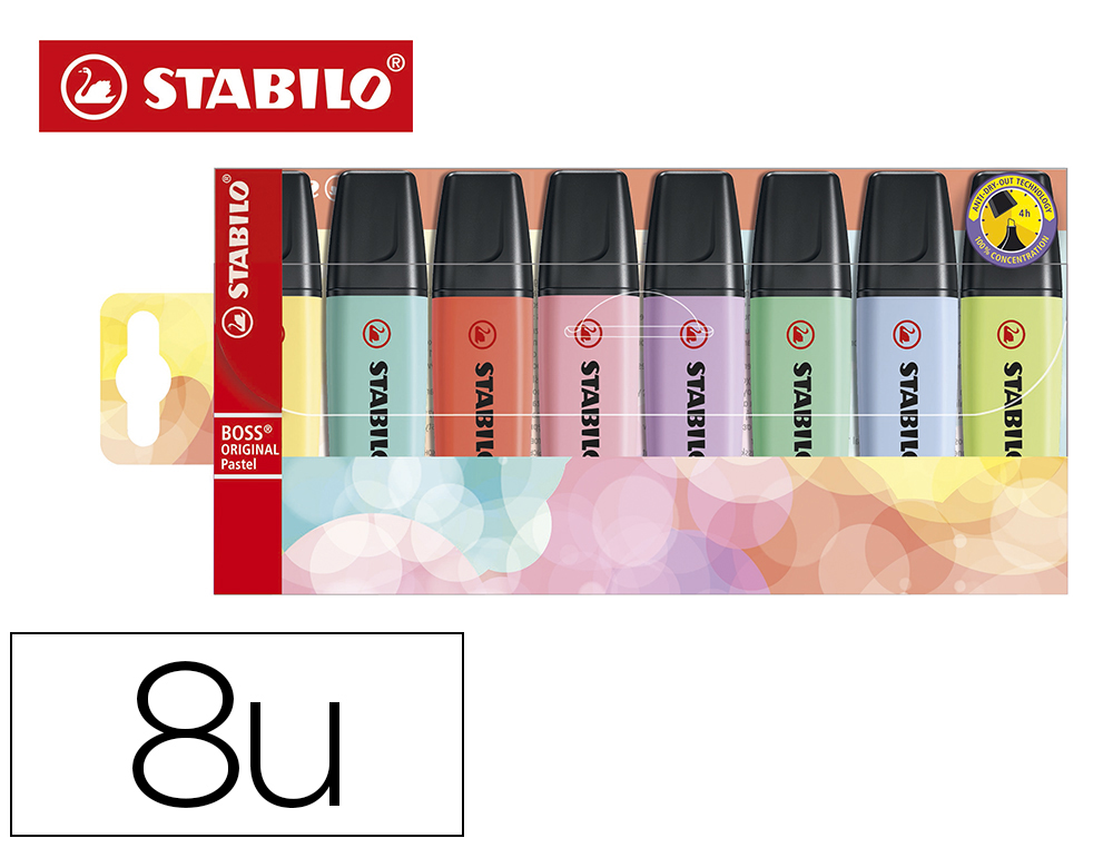 SURLIGNEUR STABILO BOSS ORIGINAL PASTEL ENCRE BASE    EAU POINTE BISEAUTEE LARGEUR  TRACE 2/5MM POCHETTE 8 UNITES