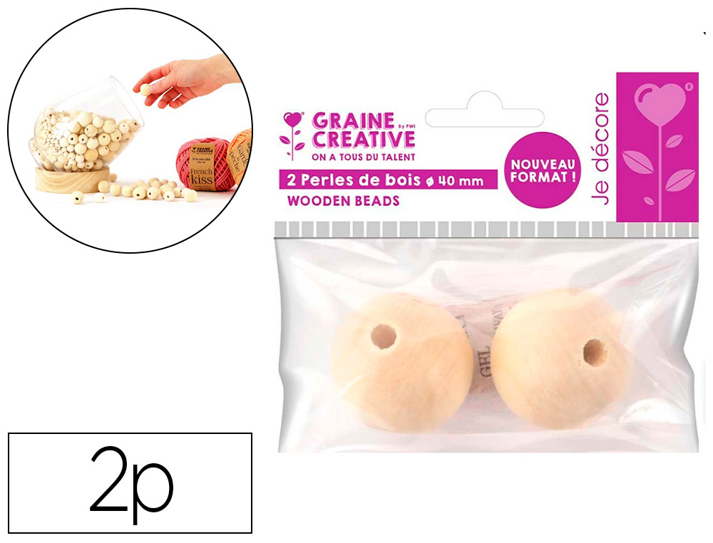 PERLES EN BOIS GRAINE CREATIVE DIAMETRE 40MM SACHET 2 PIECES