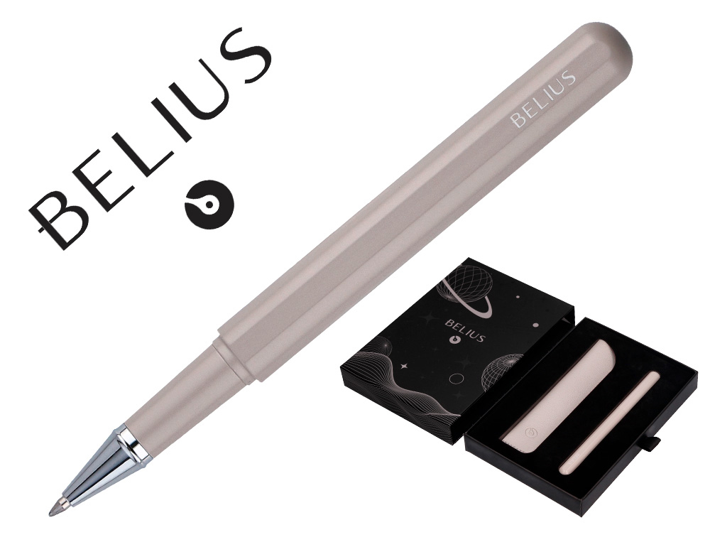 ROLLER ET ETUI EN SIMILI CUIR BELIUS SPACE B MONOCHROME SANS AGRAFE ENCRE BLEUE COLORIS GRIS DANS COFFRET CADEAU