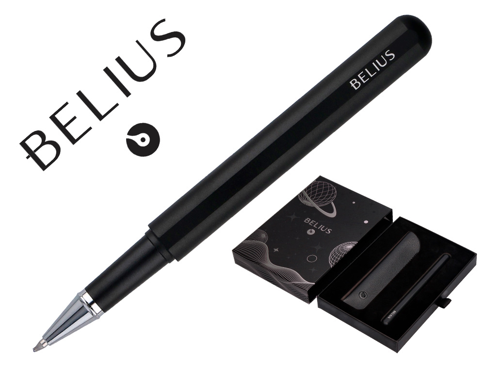 ROLLER ET ETUI EN SIMILI CUIR BELIUS SPACE B MONOCHROME SANS AGRAFE ENCRE BLEUE COLORIS NOIR DANS COFFRET CADEAU