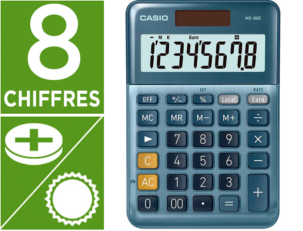 CALCULATRICE CASIO BUREAU MS80E GRAN ECRAN 8 CHIFFRES   EURO CONVERTISSEUR MEMOIRE    SOLAIRE/PILE COULEUR BLEU