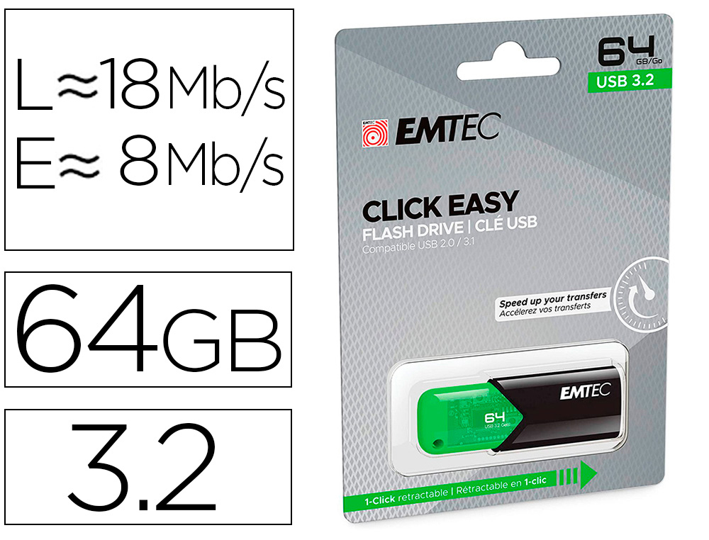 CLE USB EMTEC 3.2 B110  CLICK EASY 64GO COLORIS VERT