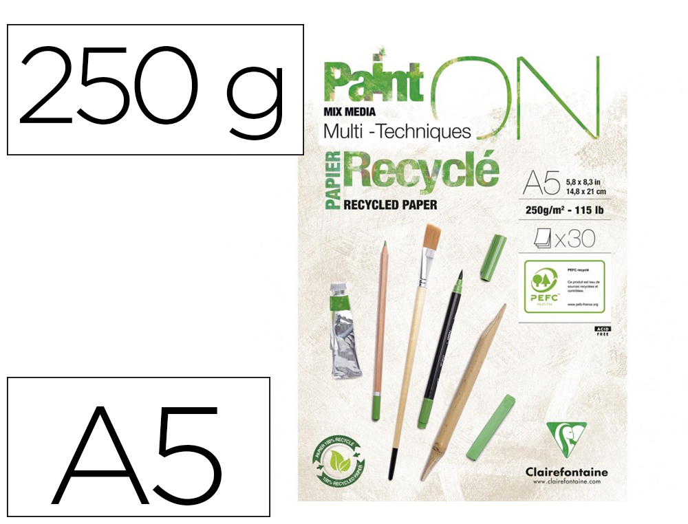 BLOC CLAIREFONTAINE PAINTON RECYCLE A5 30F BLANC 250G