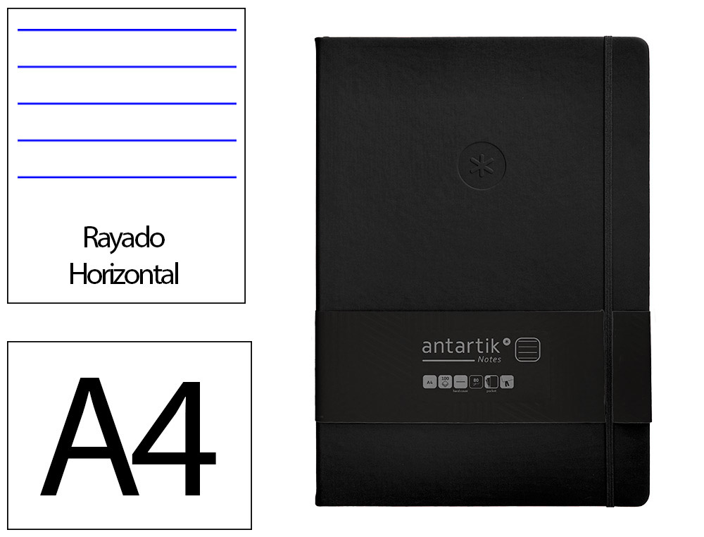 CARNET A4 ANTARTIK NOTES LIGNECOUVERTURE RIGIDE FERMETURE   ELASTIQUE 200 PAGES 80GR      COLORIS NOIR