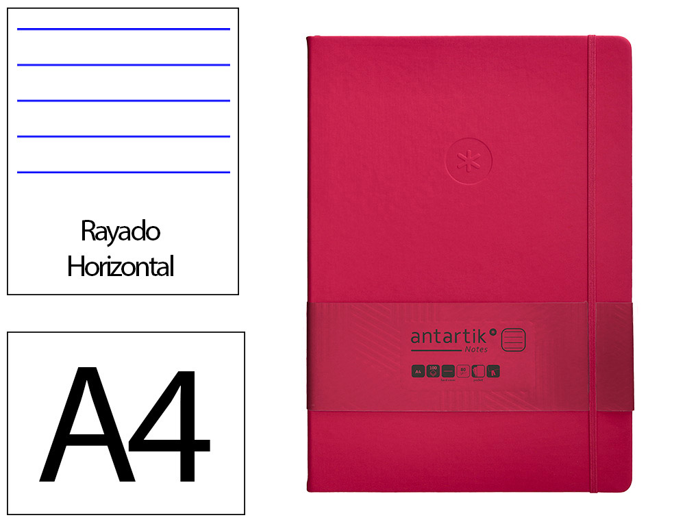 CARNET A4 ANTARTIK NOTES LIGNECOUVERTURE RIGIDE FERMETURE   ELASTIQUE 200 PAGES 80GR      COLORIS FRAMBOISE