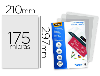 POCHETTE PLASTIFICATION FELLOWES  CHAUD POLYESTER TRANSPARENT RSISTANT EAU FORMAT A4 175 MICRONS BOTE 100 UNITS