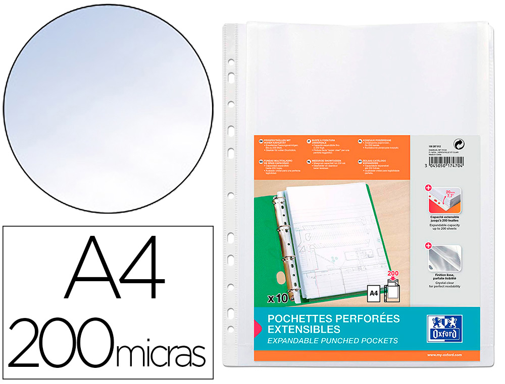 POCHETTE OXFORD PP LISSE 20/1 00E PERFORE CRISTAL A4 PLANS SANS RABAT SOUFFLET EXTENSIBLE 2CM 200F A4 SACHET 10 UNITS