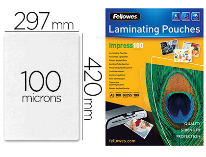 POCHETTE PLASTIFICATION FELLOWES  CHAUD POLYESTER TRANSPARENT RSISTANT EAU FORMAT A3 100 MICRONS BOTE 100 UNITS