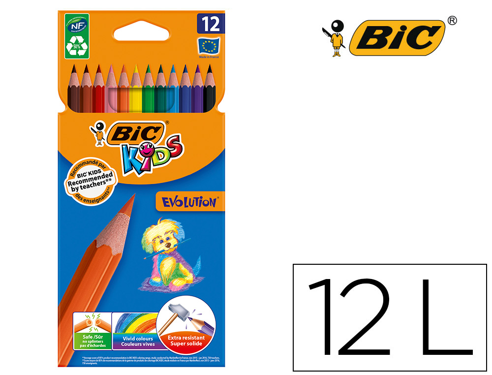 CRAYON COULEUR BIC KIDS EVOLUTION RSINE SYNTHSE 175MM MINE RSISTANTE RSISTE MORDILLAGE TUI CARTON 12 UNITS