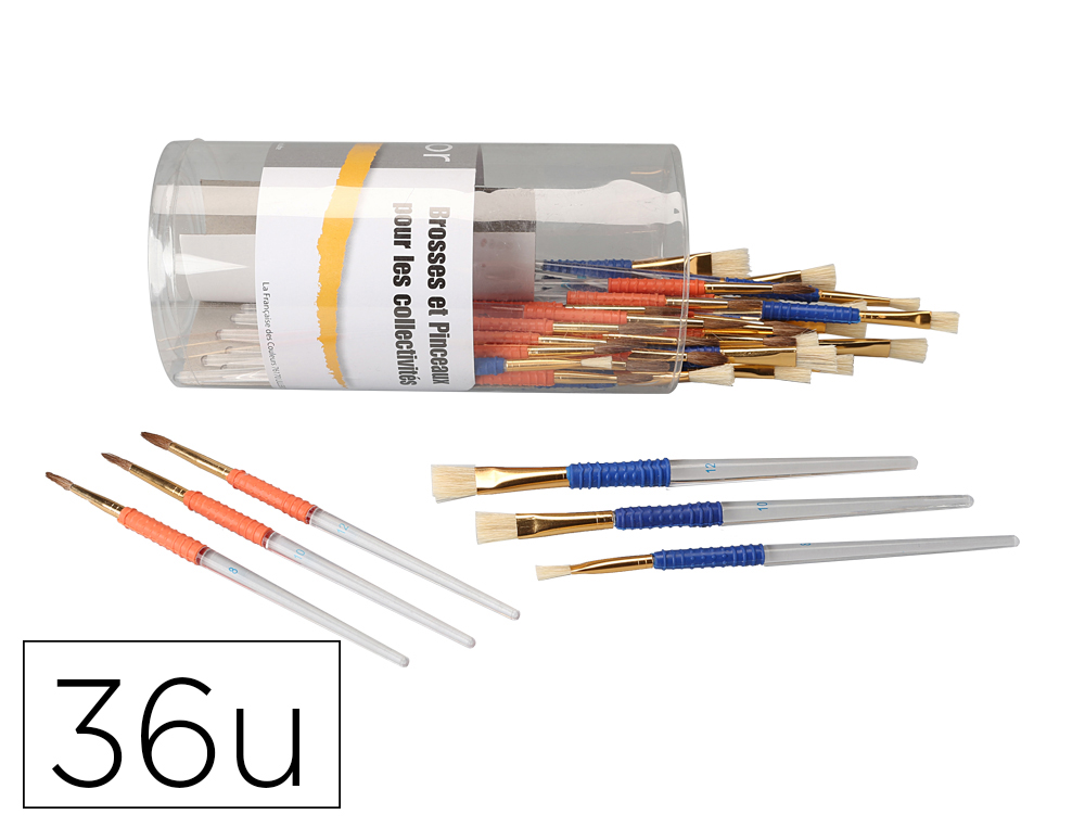 BOITE MIXTE O'COLOR PINCEAU POILS PONEY ET BROSSES SOIE   PORC VIROLE ALUMINIUM MANCHE  PLASTIQUE GRIP 36 UNITES