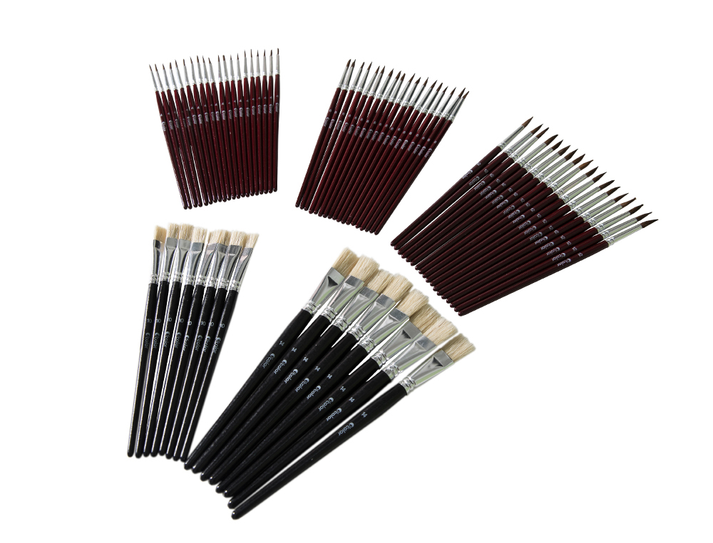 ASSORTIMENT O'COLOR PINCEAUX POILS PONEY 4/8/12 BROSSES    SOIE PORC 10/14 VIROLE        ALUMINIUM MANCHE BOIS LAQUE