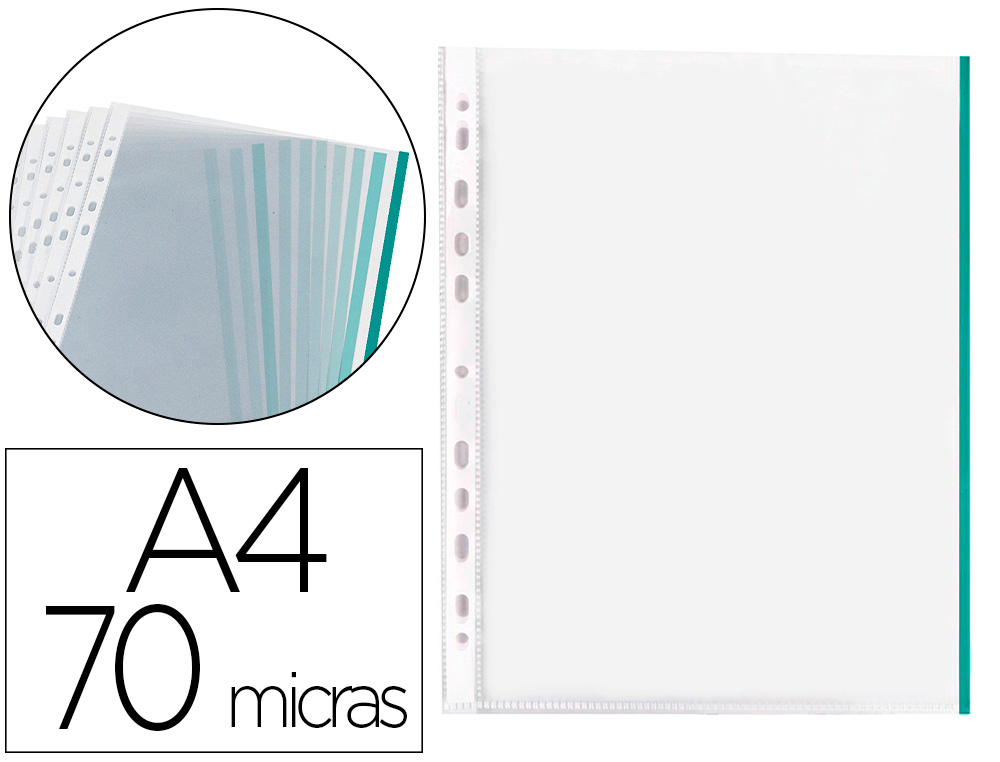 POCHETTE Q-CONNECT POLYPROPYLNE LISSE 7/100E PERFORE CRISTAL BANDE VERTE 11 TROUS A4 210X297MM SACHET 10 UNITS