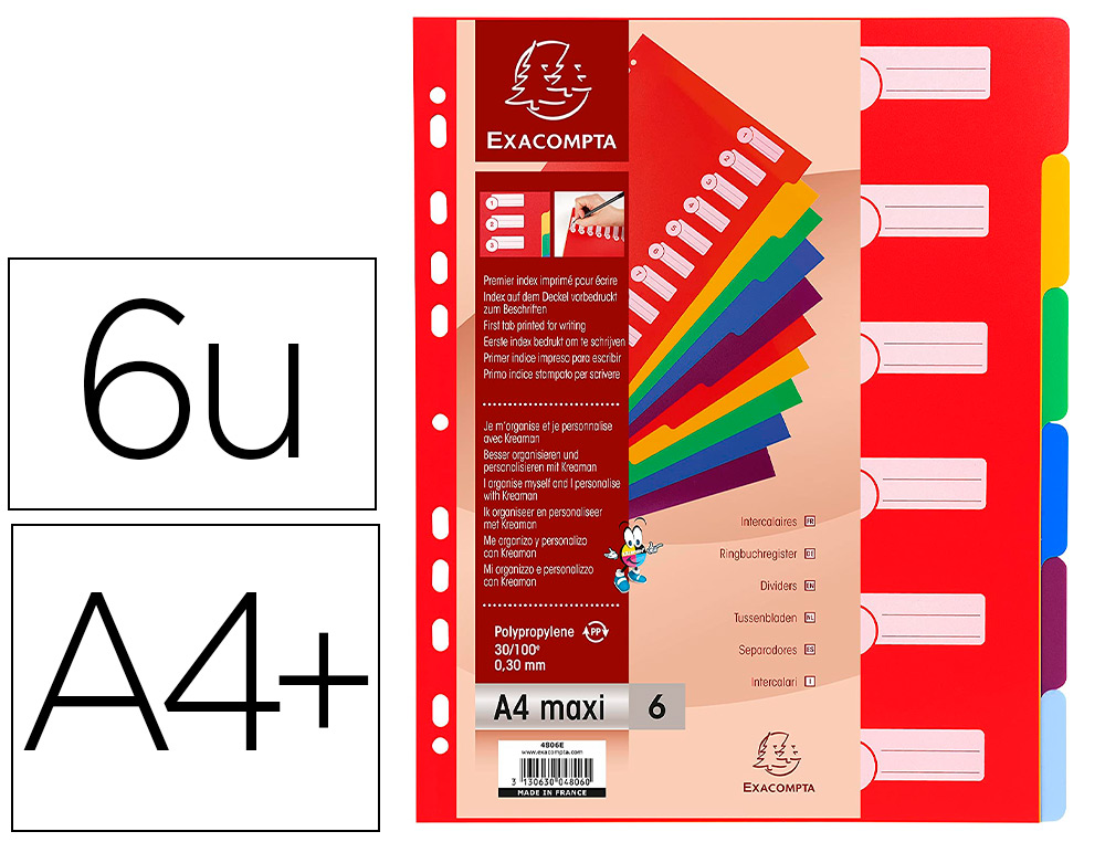 INTERCALAIRE EXACOMPTA POLYPROPYLNE 12/100E 6 TOUCHES A4+  COLORIS ASSORTIS