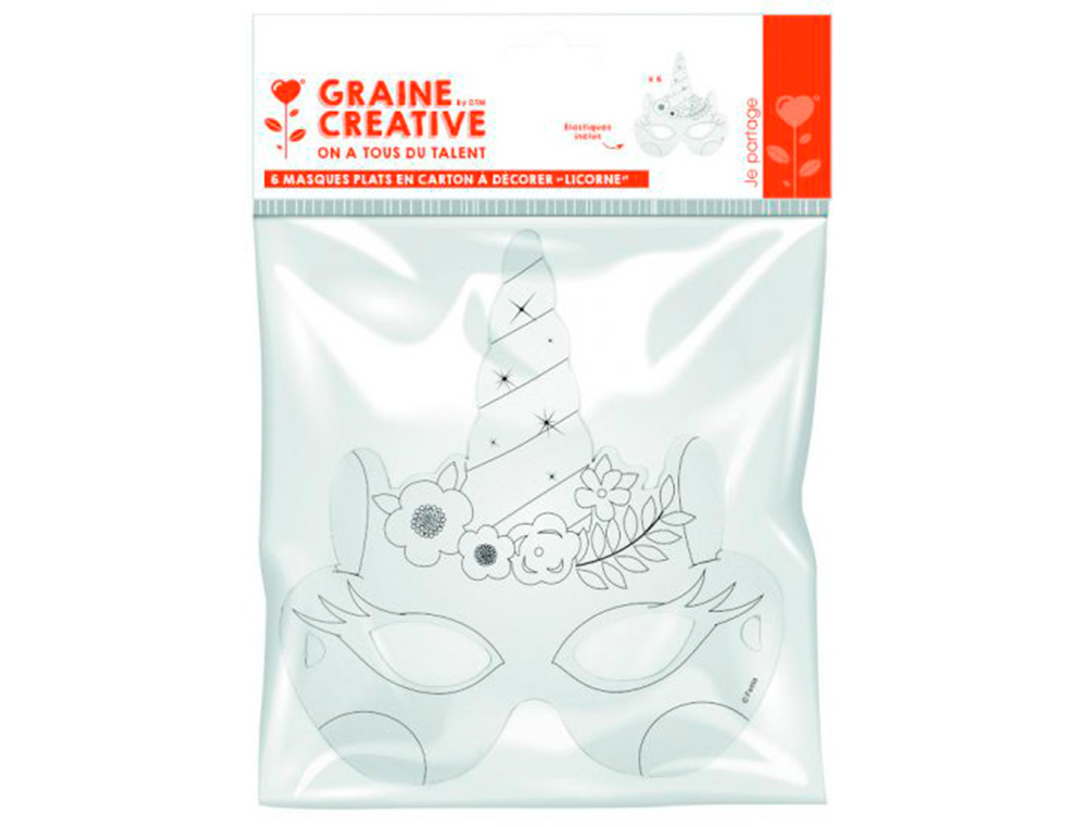 MASQUE GRAINE CREATIVE CARTON A COLORIER LICORNE AVEC       ELASTIQUE SACHET 6 UNITES