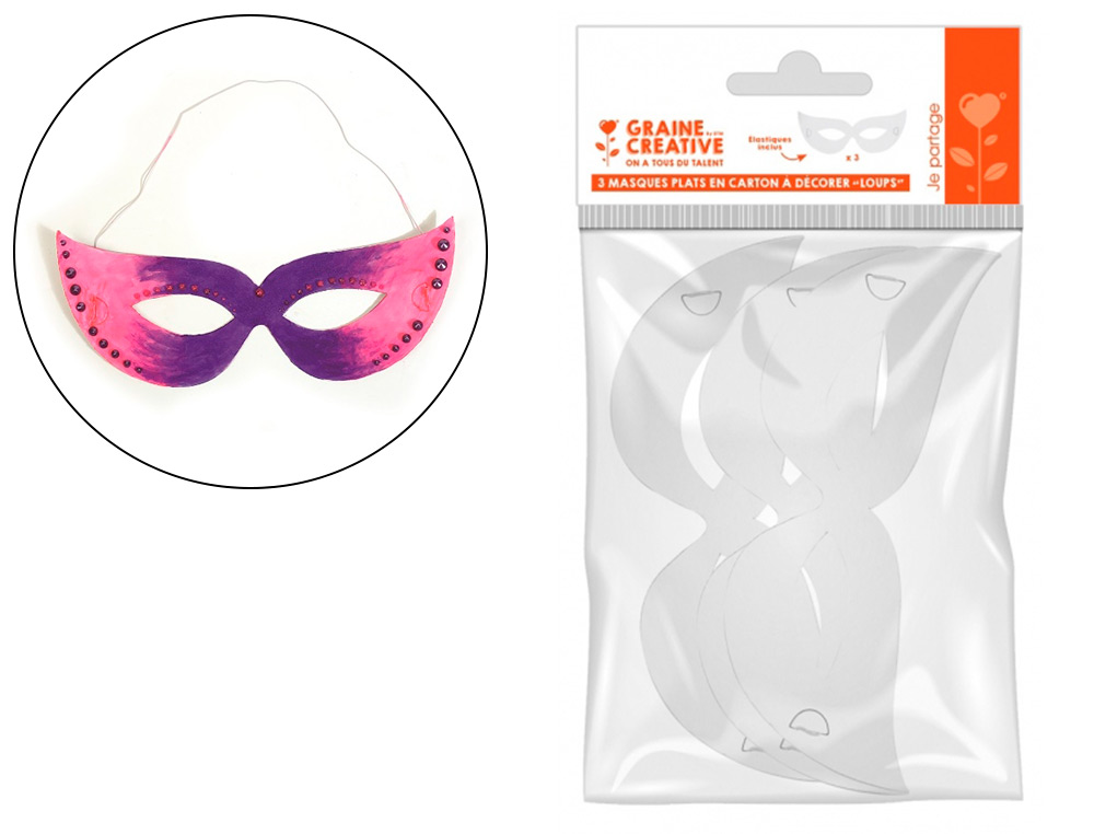 MASQUE GRAINE CREATIVE CARTON A COLORIER LOUP DE CARNAVAL   AVEC ELASTIQUE SACHET 6 UNITES