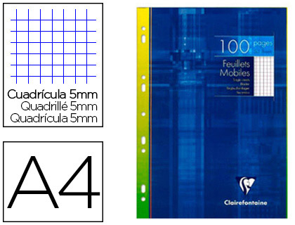 FEUILLET MOBILE CLAIREFONTAINE A4 210X297MM PAPIER VLIN VELOUT 100 PAGES 90G 5X5MM PERFOR COLORIS BLANC