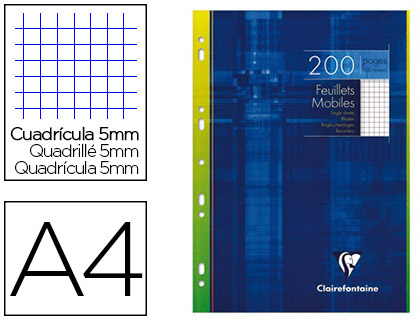 FEUILLET MOBILE CLAIREFONTAINE A4 210X297MM PAPIER VLIN VELOUT 200 PAGES 90G 5X5MM PERFOR COLORIS BLANC