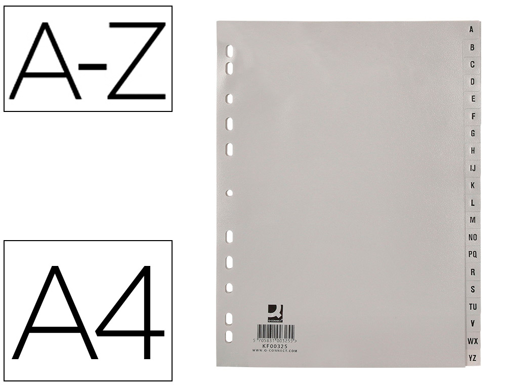 INTERCALAIRE Q-CONNECT PP 12/ 100E A4 225X297MM MULTIPERFOR ALPHABET GRAV ONGLETS COLORIS GRIS