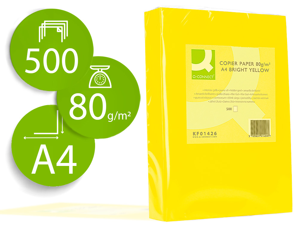 PAPIER COULEUR Q-CONNECT MULTIFONCTION A4 80G/M2 UNICOLORE JAUNE INTENSE RAMETTE 500 FEUILLES